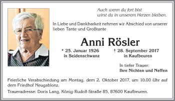 Traueranzeige von Anni Rösler von Allgäuer Zeitung, Kaufbeuren/Buchloe