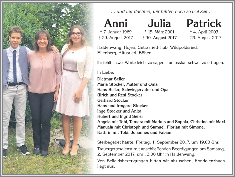  Traueranzeige für Anni, Julia und Patrick Seiler vom 01.09.2017 aus Allgäuer Zeitung,Kempten