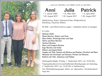 Traueranzeige von Anni, Julia und Patrick Seiler von Allgäuer Zeitung,Kempten