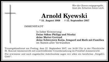 Traueranzeige von Arnold Kyewski von Allgäuer Anzeigeblatt