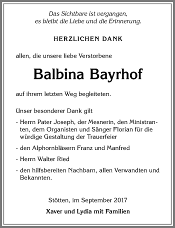 Traueranzeige von Balbina Bayrhof von Allgäuer Zeitung, Marktoberdorf