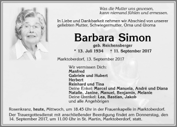 Traueranzeige von Barbara Simon von Allgäuer Zeitung, Marktoberdorf