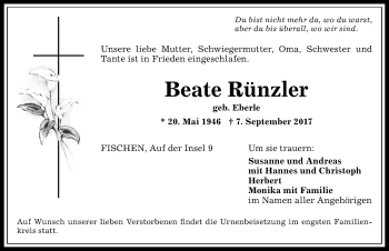 Traueranzeige von Beate Rünzler von Allgäuer Anzeigeblatt