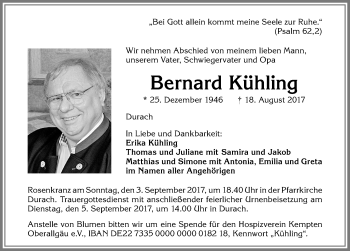 Traueranzeige von Bernard Kühling von Allgäuer Zeitung,Kempten