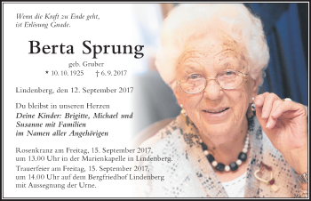Traueranzeige von Berta Sprung von Der Westallgäuer
