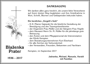 Traueranzeige von Blaženka Prater von Allgäuer Zeitung,Kempten