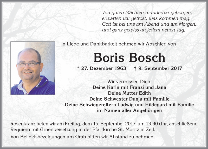  Traueranzeige für Boris Bosch vom 14.09.2017 aus Allgäuer Zeitung, Füssen