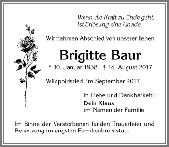Traueranzeige von Brigitte Baur von Allgäuer Zeitung,Kempten