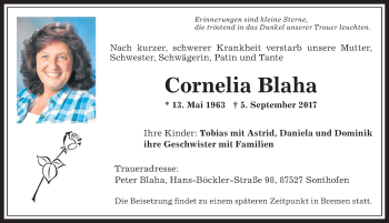Traueranzeige von Cornelia Blaha von Allgäuer Anzeigeblatt