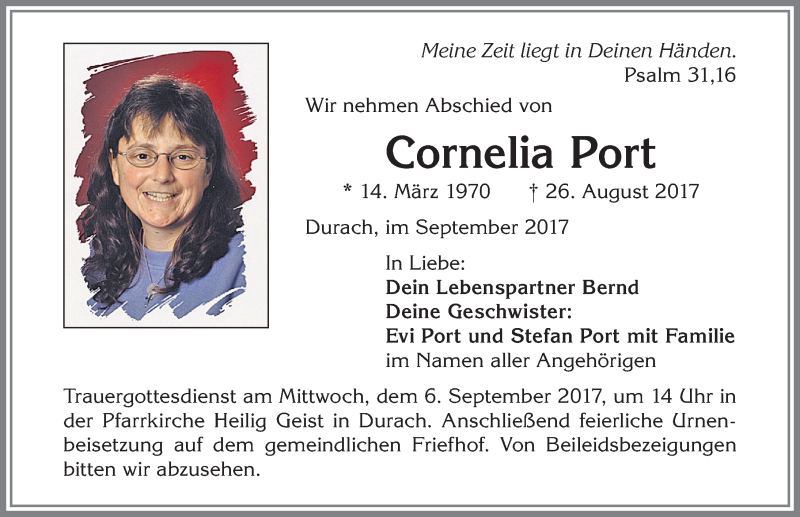  Traueranzeige für Cornelia Port vom 02.09.2017 aus Allgäuer Zeitung,Kempten