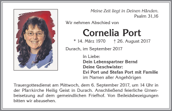 Traueranzeige von Cornelia Port von Allgäuer Zeitung,Kempten