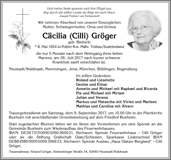 Traueranzeige von Cäcilia Gröger von Memminger Zeitung