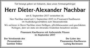 Traueranzeige von Dieter-Alexander Nachbar von Allgäuer Zeitung