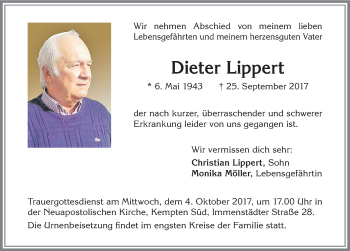 Traueranzeige von Dieter Lippert von Allgäuer Zeitung,Kempten