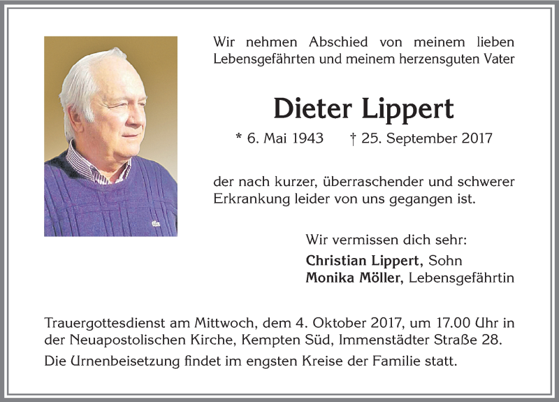  Traueranzeige für Dieter Lippert vom 30.09.2017 aus Allgäuer Zeitung,Kempten
