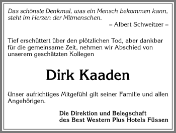 Traueranzeige von Dirk Kaaden von Allgäuer Zeitung, Füssen