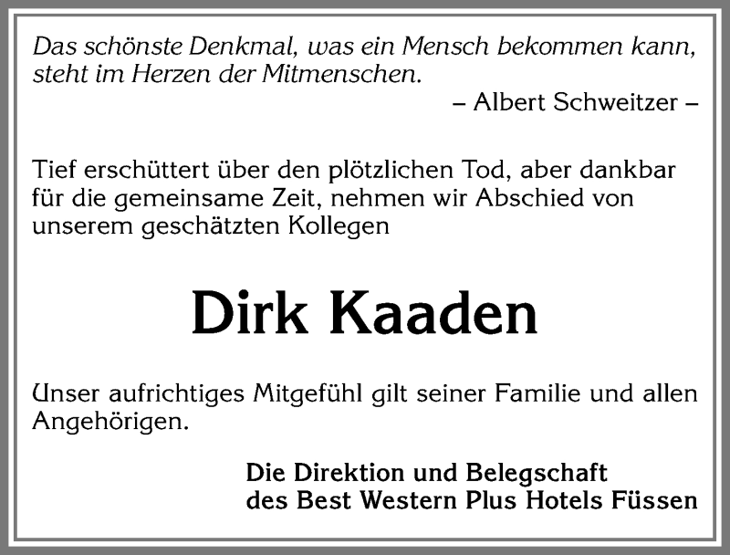  Traueranzeige für Dirk Kaaden vom 19.09.2017 aus Allgäuer Zeitung, Füssen