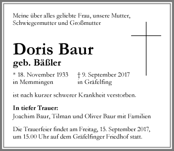 Traueranzeige von Doris Baur von Memminger Zeitung