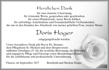 Traueranzeige von Doris Hager von Allgäuer Zeitung, Füssen