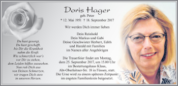 Traueranzeige von Doris Hager von Allgäuer Zeitung, Füssen