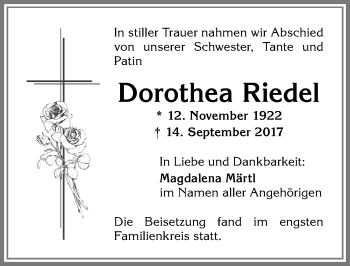 Traueranzeige von Dorothea Riedel von Allgäuer Zeitung,Kempten