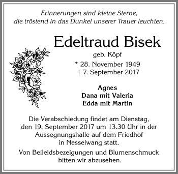 Traueranzeige von Edeltraud Bisek von Allgäuer Zeitung, Füssen