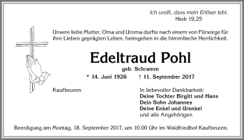 Traueranzeige von Edeltraud Pohl von Allgäuer Zeitung, Kaufbeuren/Buchloe