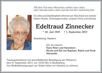Traueranzeige von Edeltraud Zinnecker von Allgäuer Zeitung,Kempten
