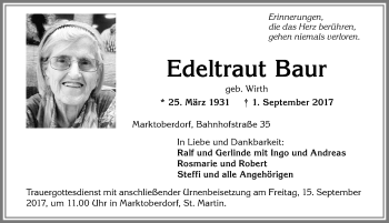 Traueranzeige von Edeltraut Baur von Allgäuer Zeitung, Marktoberdorf