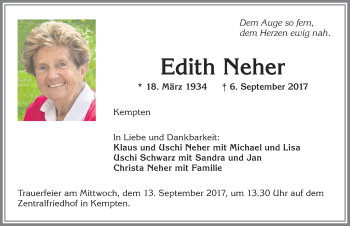 Traueranzeige von Edith Neher von Allgäuer Zeitung,Kempten