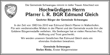 Traueranzeige von Edmund Gleich von Allgäuer Zeitung, Füssen