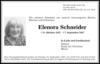 Traueranzeige von Elenora Schneider von Allgäuer Anzeigeblatt