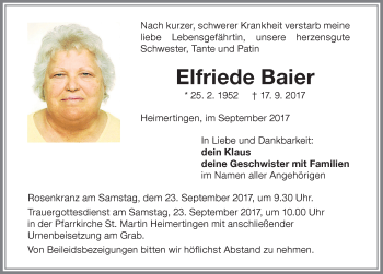 Traueranzeige von Elfriede Baier von Memminger Zeitung