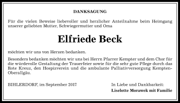 Traueranzeige von Elfriede Beck von Allgäuer Anzeigeblatt