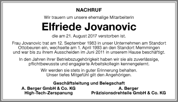 Traueranzeige von Elfriede Jovanovic von Memminger Zeitung