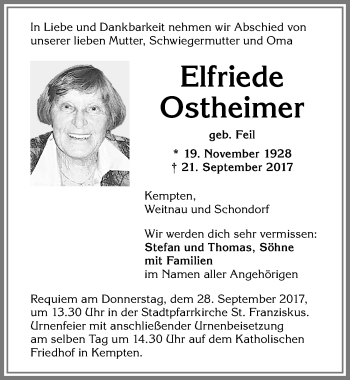 Traueranzeige von Elfriede Ostheimer von Allgäuer Zeitung,Kempten