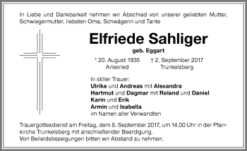 Traueranzeige von Elfriede Sahliger von Memminger Zeitung