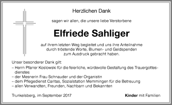 Traueranzeige von Elfriede Sahliger von Memminger Zeitung