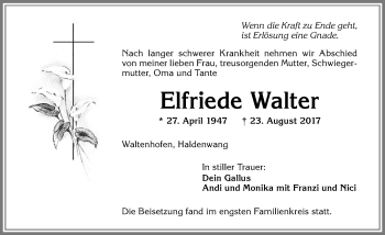 Traueranzeige von Elfriede Walter von Allgäuer Zeitung,Kempten