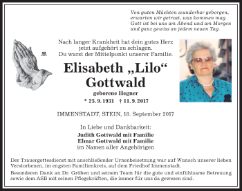 Traueranzeige von Elisabeth Gottwald von Allgäuer Anzeigeblatt