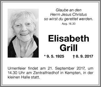 Traueranzeige von Elisabeth Grill von Allgäuer Zeitung,Kempten