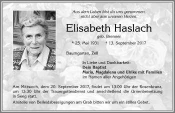 Traueranzeige von Elisabeth Haslach von Allgäuer Zeitung, Füssen