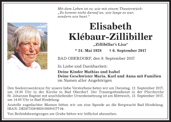 Traueranzeige von Elisabeth Klébaur-Zillibiller von Allgäuer Anzeigeblatt