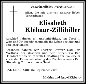 Traueranzeige von Elisabeth Klébaur-Zillibiller von Allgäuer Anzeigeblatt
