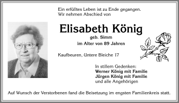 Traueranzeige von Elisabeth König von Allgäuer Zeitung, Kaufbeuren/Buchloe