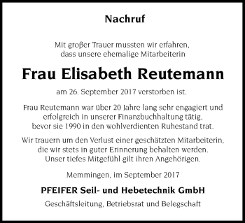 Traueranzeige von Elisabeth Reutemann von Memminger Zeitung