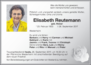 Traueranzeige von Elisabeth Reutemann von Memminger Zeitung