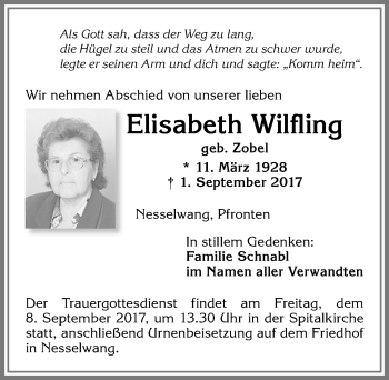 Traueranzeige von Elisabeth Wilfling von Allgäuer Zeitung, Füssen
