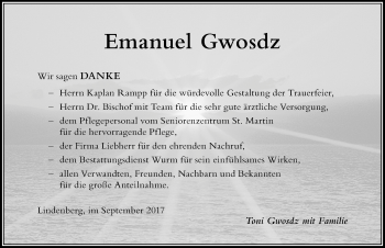 Traueranzeige von Emanuel Gwosdz von Der Westallgäuer