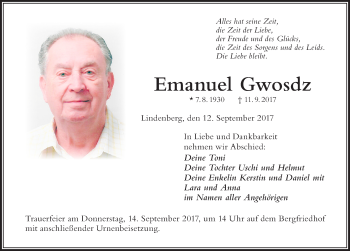 Traueranzeige von Emanuel Gwosdz von Der Westallgäuer
